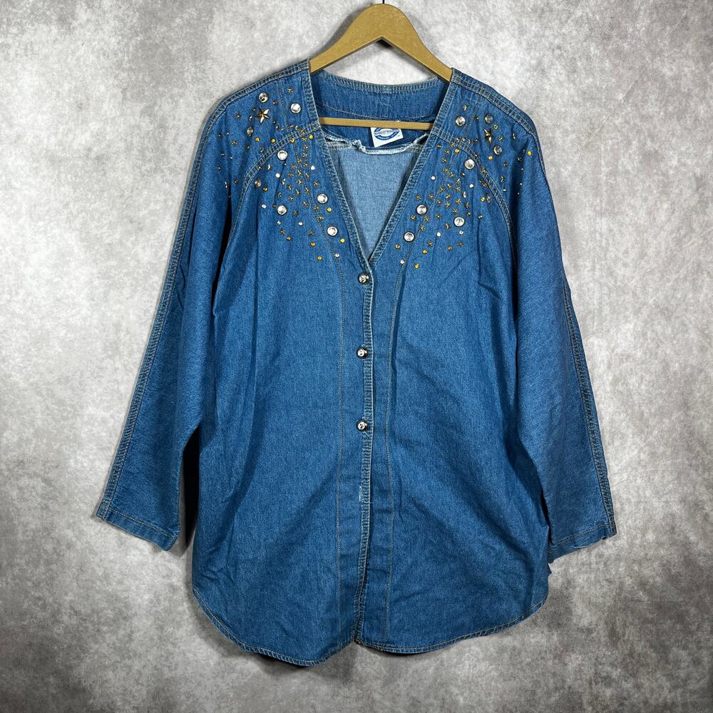 Bingo! Bingo! Shirt‎ Womens Size 16 Blue Denim Rhinestones Studded Long Sleeve